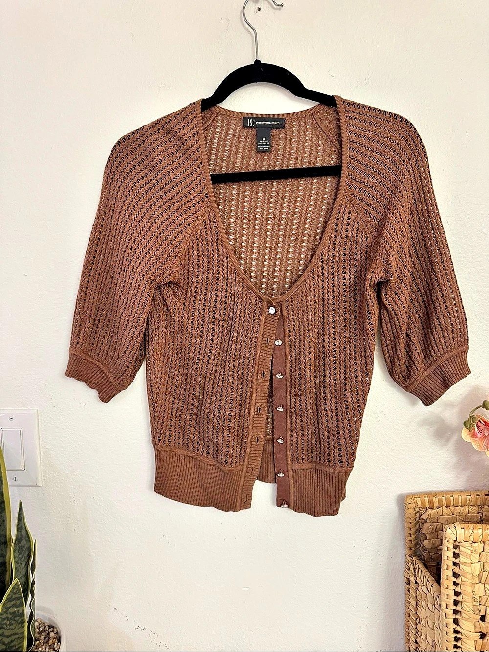 INC International Concepts Open Knit Cardigan in Brown Size Medium